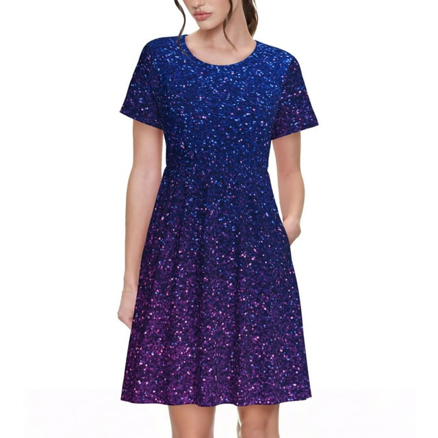 Bixox Robe d'Été à Manches Courtes pour Femmes Robe Ample Longueur Genou avec Poches-Brillant Néon
