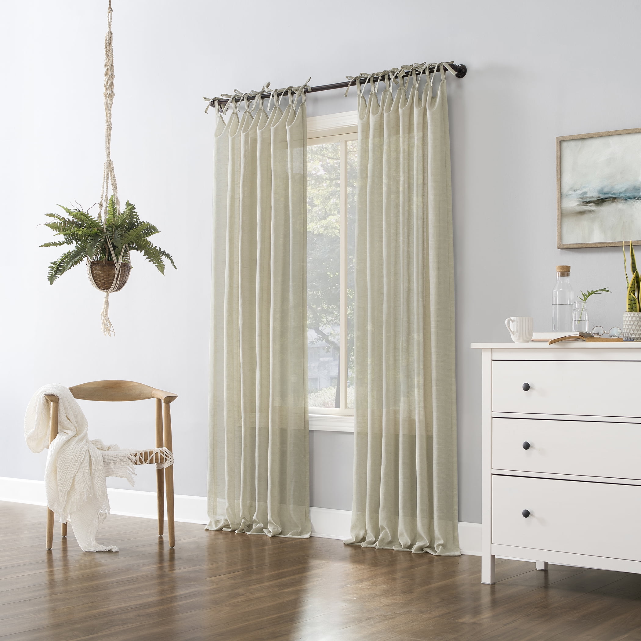 No. 918 Bethany Slub Textured Linen Blend Sheer Tie Top Curtain Panel, 50"x96", Ecru