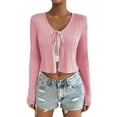 thumbnail image 5 of Women's Front Tie Up Crop Top Shirt Long Sleeve Lace Up Knitted Open Cardigan V Neck Cropped Basic Tees, 5 of 9
