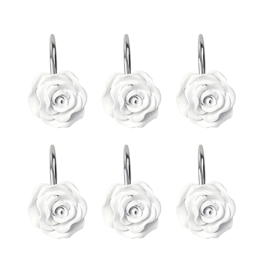 12pcs Shower Curtain Hooks, Home Decorative Rustproof Shower Curtain Hooks  Resin Rose Flower Shower Hooks Rings for Bathroom Shower Rods Curtains(White)  