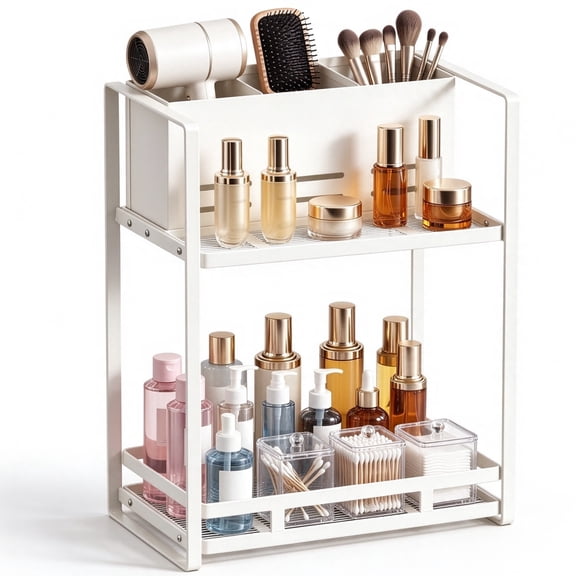 Finew 2-Tier Bathroom Counter Organizer with Blow Dryer Holder, Vanity Organizer for Makeup and Skincare Storage, Counter Shelf for Bathroom, White