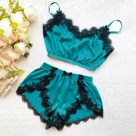 

ERTUTUYI Women V-Neck Lace Splicing Eyelash Camisole Pajamas Bowknot Shorts Set