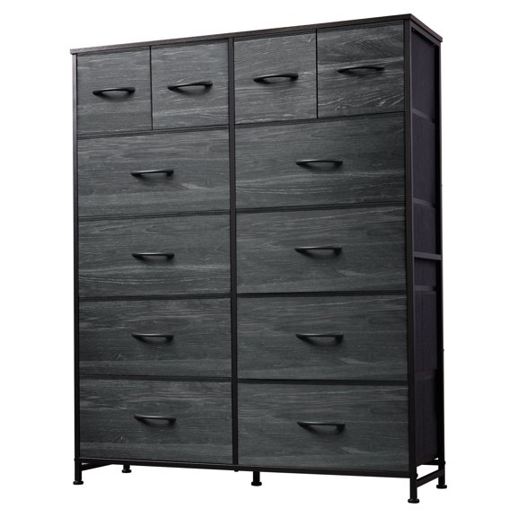 GALAXHERO 12-Drawer Tall Fabric Dresser with Wood Top, Storage Chest of Drawers for Bedroom, Closet, Charcoal Black