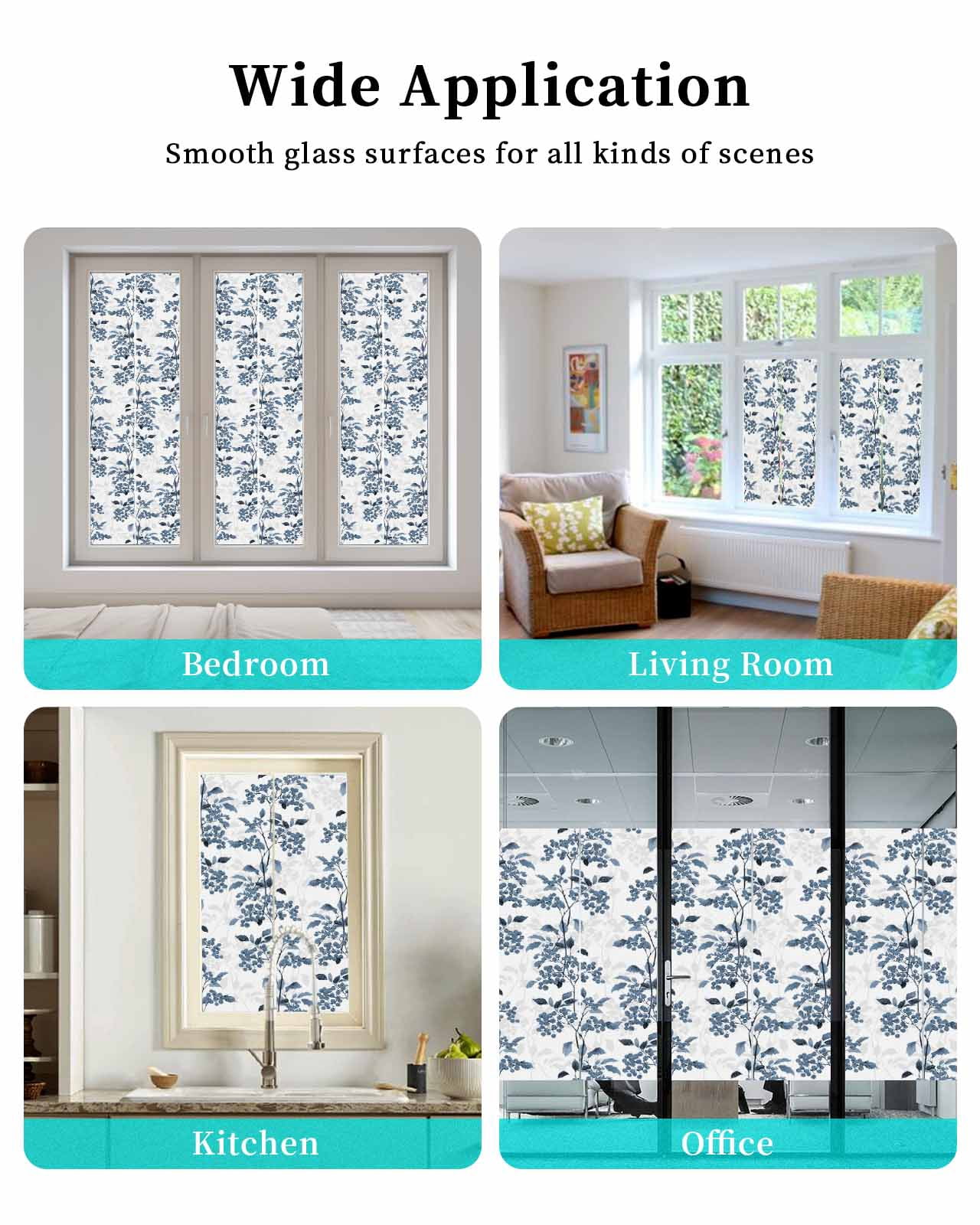 Window Privacy Film Blue Botanical Stained Glass Window Film Decorative Sun Block Window Cover Vintage Nature Flower Floral Window Clings Static Adhesive Sticker for Bathroom 29.5"x118"