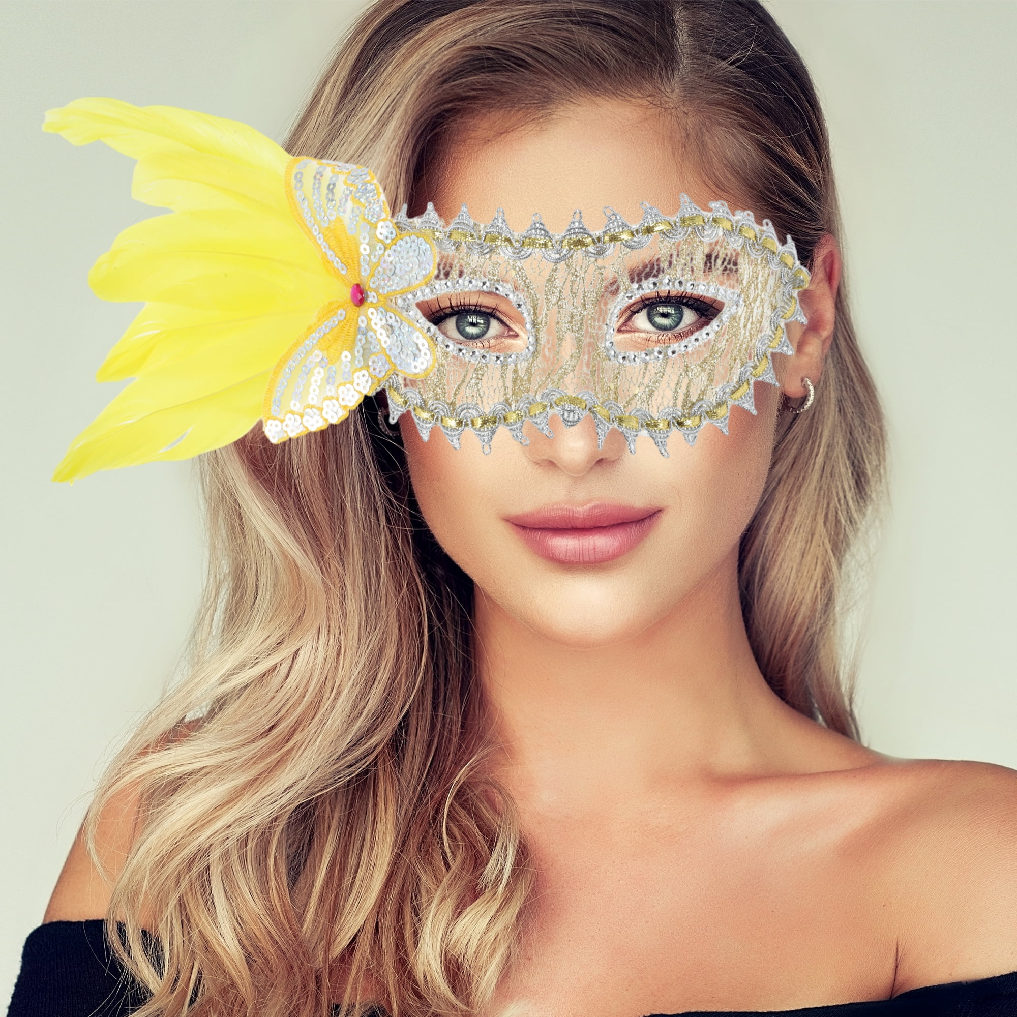 Unique Bargains Elegant Side Feather Masquerade Half Face Party Mask Yellow