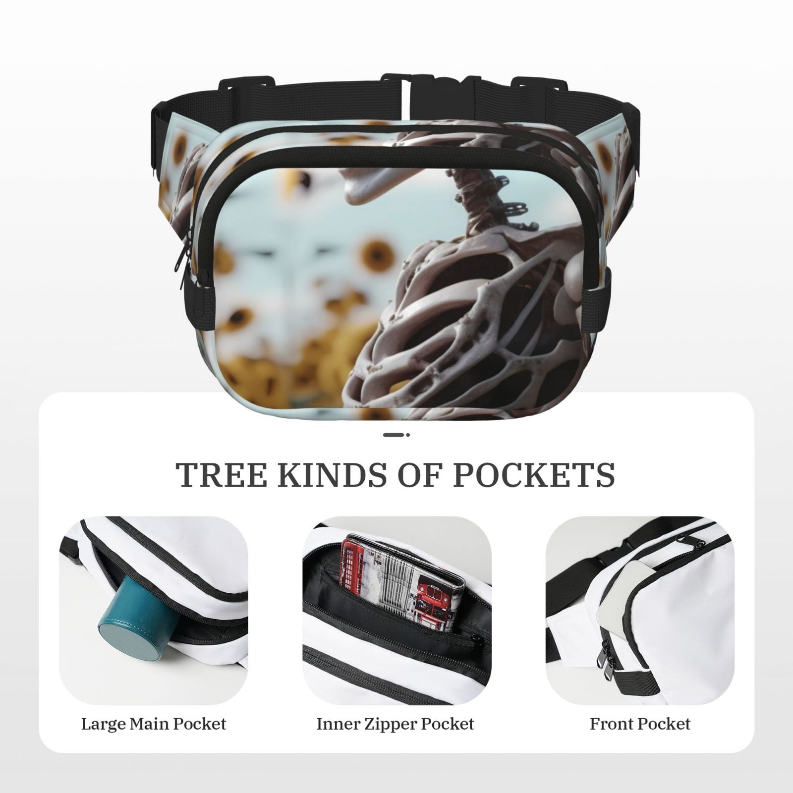 Picia Sunflower Butterfly Skull Print Square Double-Layer Waist Bag Mini Adjustable Waist Belt Bag Exercise Running Travel Hiking