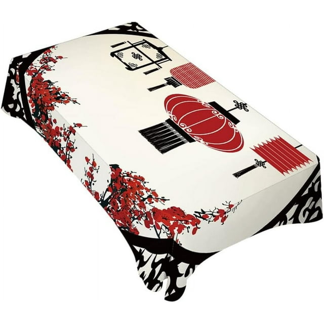 Chinese Lantern Decorative Rectangle Tablecloth Festival Window Flower Cherry Pattern Polyester Table Cloths Kitchen Table Cover for Dining BBQ Picnic Coffee Table 60 x 84 Inch 6-8 Seats
