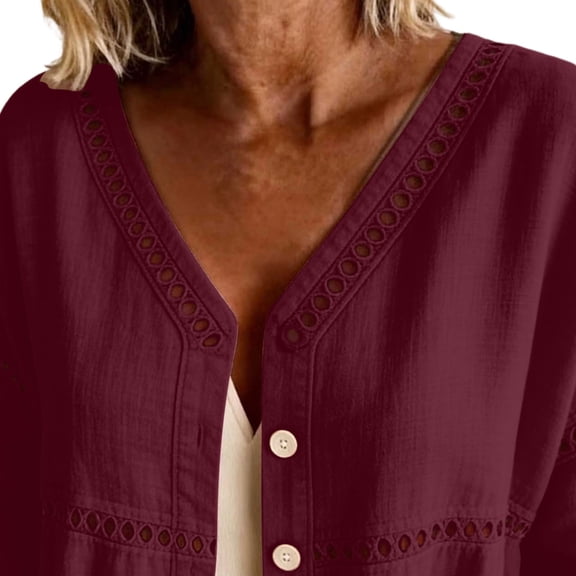 HongQid Women's Eyelet Embroidery Cardigan 3/4 Sleeve Cotton Linen Blend Button Down Loose Coat for Summer Spring & Fall