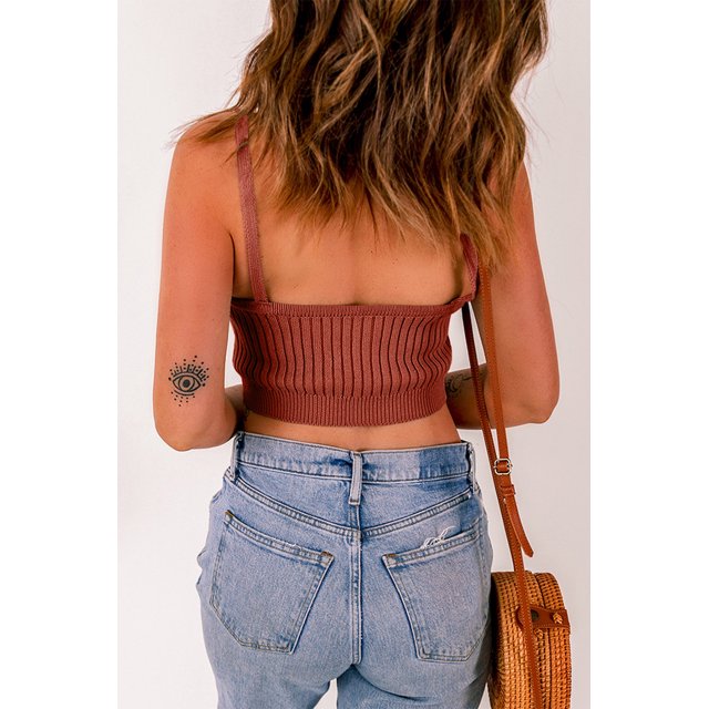 ABPHQTO Camiseta sin mangas de punto recortada con tirantes de espagueti acanalado marrón para mujer