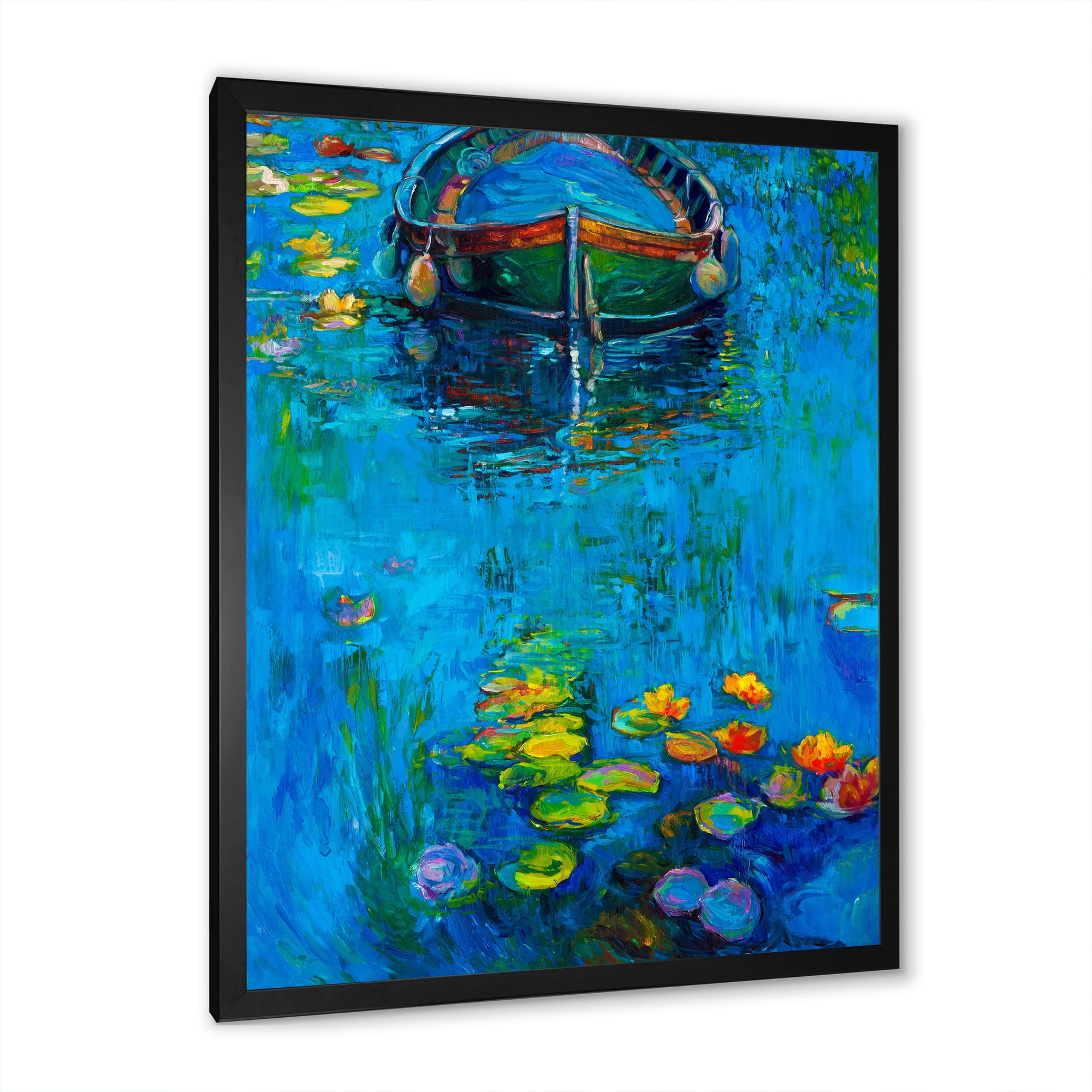 Designart 'Boat In Blue Lake' Nautical & Coastal Framed Art Print