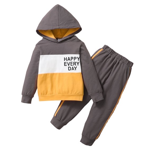 KIMI BEAR Toddler Boys Outfits 4T Toddler Boy Autumn Winter Outfits 5T Toddler Boy Cozy Color-block Hooded Long Sleeve Top   Pants 2PCs Set Yellow