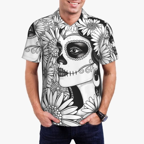 Kdxio Floral Sugar Skull Portrait Print Men's Short Sleeve Polo Shirt,Midweight Men's Shirt-Small
