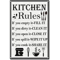 Kitchen Rules Tin Sign Vintage Funny Metal Wall Decor Decoration Art Mural Hanging Iron Painting for Home Garden Bar Pub Kitchen Living Room Office Garage Poster Plaque 12 x 8inch