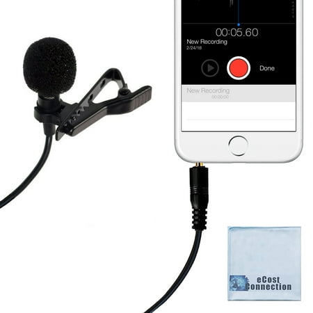 eCostConnection Lavalier omnidirectional condenser professional microphone with 3.5mm TRRS plug, Noise cancelling windscreen and metal clip for iPhone, Android and more Smartphones + Microfiber