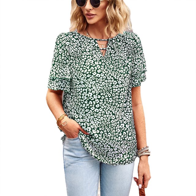 Blusa de manga con volantes en capas, cuello en V, estampado floral hueco, blusa ajustada informal para mujer, verano, verde oscuro, L