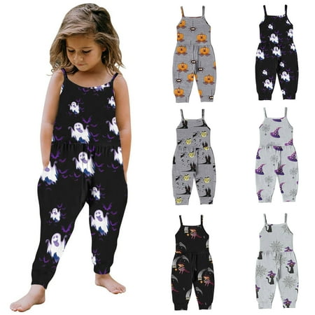 

Funny Halloween Toddler Baby Girl Jumpsuit One Piece Cat Spider Printed Sleeveless Strap Romper with Pockets Outfit Clothes