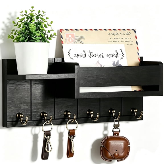 FORICOM Mail Organizer for Wall Mount – Key Holder with Shelf Includes Letter Holder and Hooks for Hallway Decor – Rustic Wood with Flush Mounting Hardware (12” x 4.7” x 3.1”) (Black)