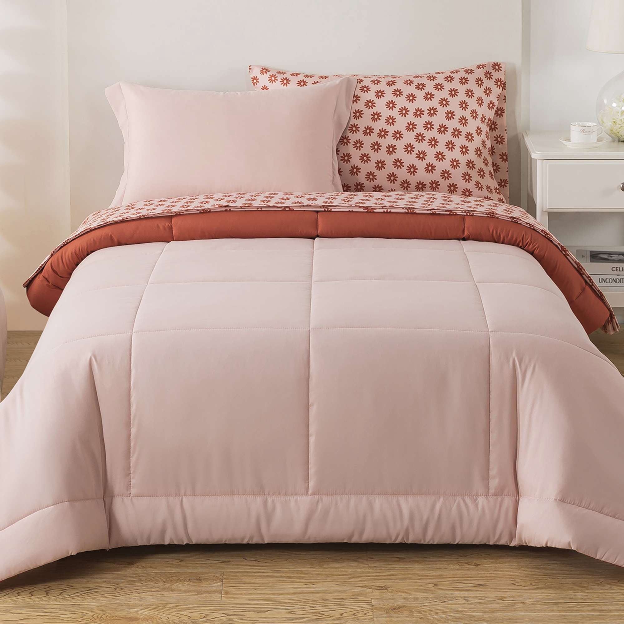 Mainstays All in One Reversible Comforter and Sheet Set, 5-Piece, Twin, Pink Blush