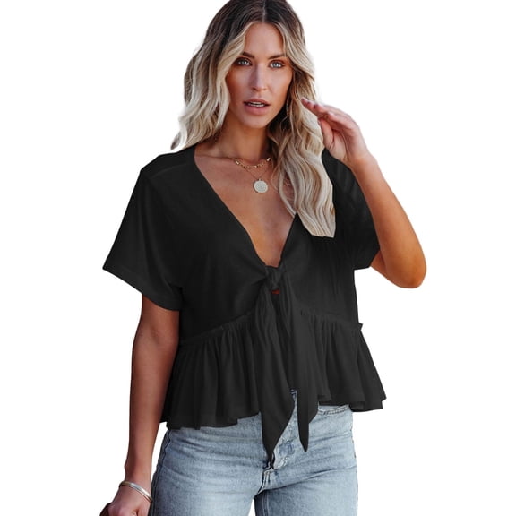 Women Short Sleeve V-Neck Blouses Peplum T Shirt Casual Loose Solid Pleated Ruffle Hem Pullover Crop Top