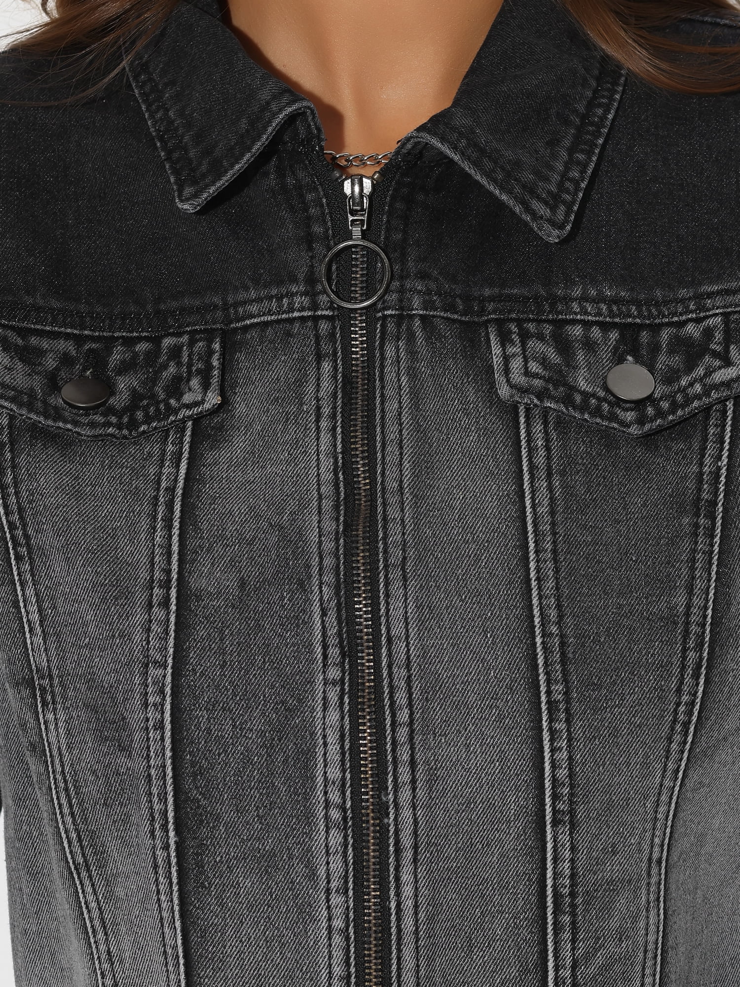 INSPIRE CHIC Denim Jacket for Women's Casual Zip Up Cropped Washed