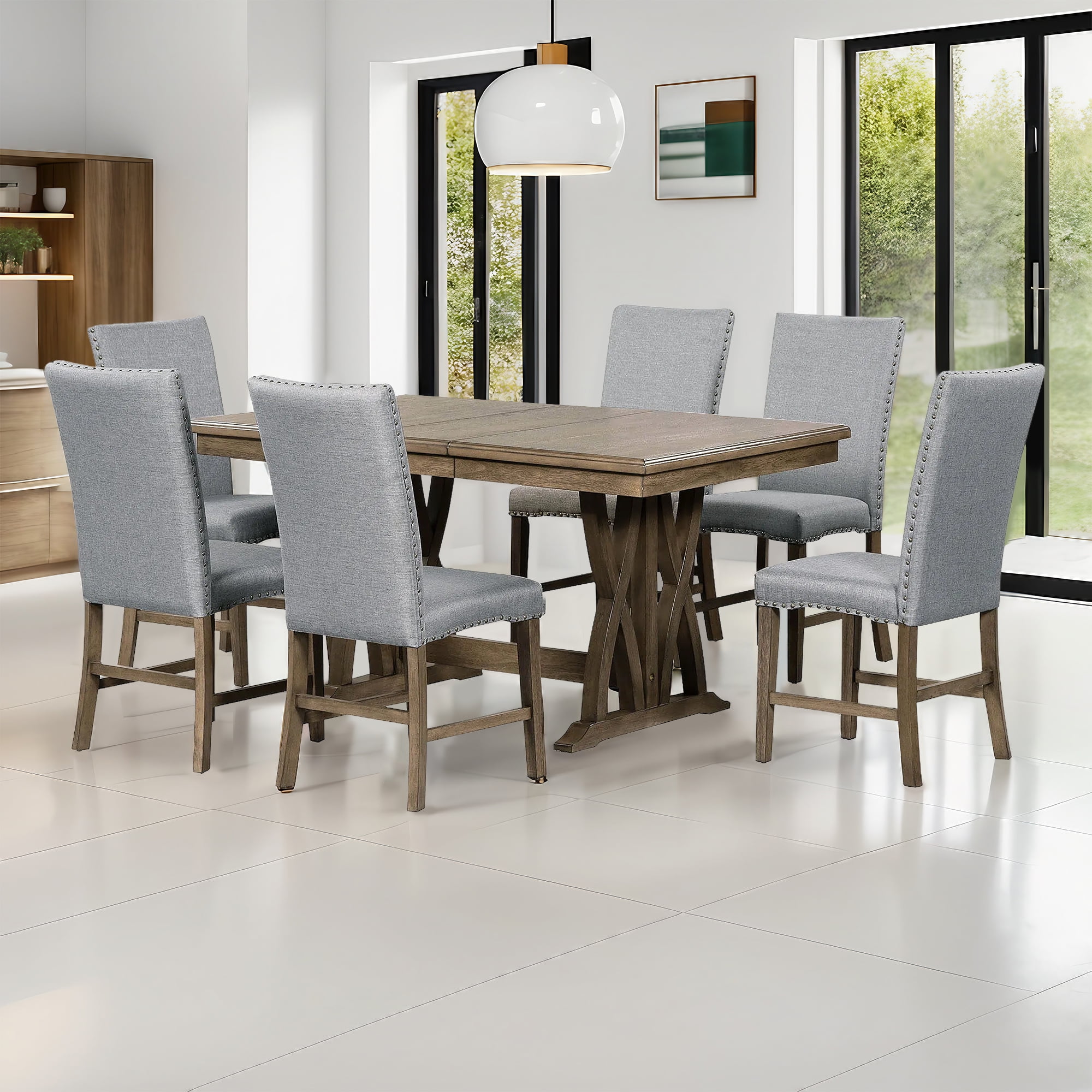 Harper & Bright Designs 7 Pieces Extendable Dining Table Set for 6, Farmhouse Kitchen Table Set with 6 Upholstered Chairs for Dining Room, Gray