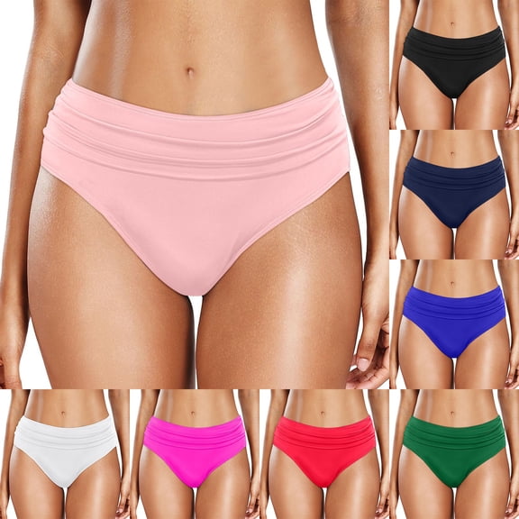 High Waist Bikini Bottoms for Women Ruched Bathing Suit Bottom High Cut Briefs Full Coverage Swimsuit Bottom Beach Swimwear Summer White L