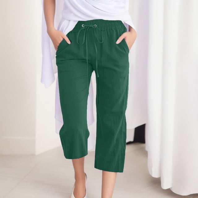 Lroveb Capri Pants for Wome Drawstring Summer Linen Pants High Waisted Wide Leg Cropped Pants Elastic Lounge Trousers With Pockets Green