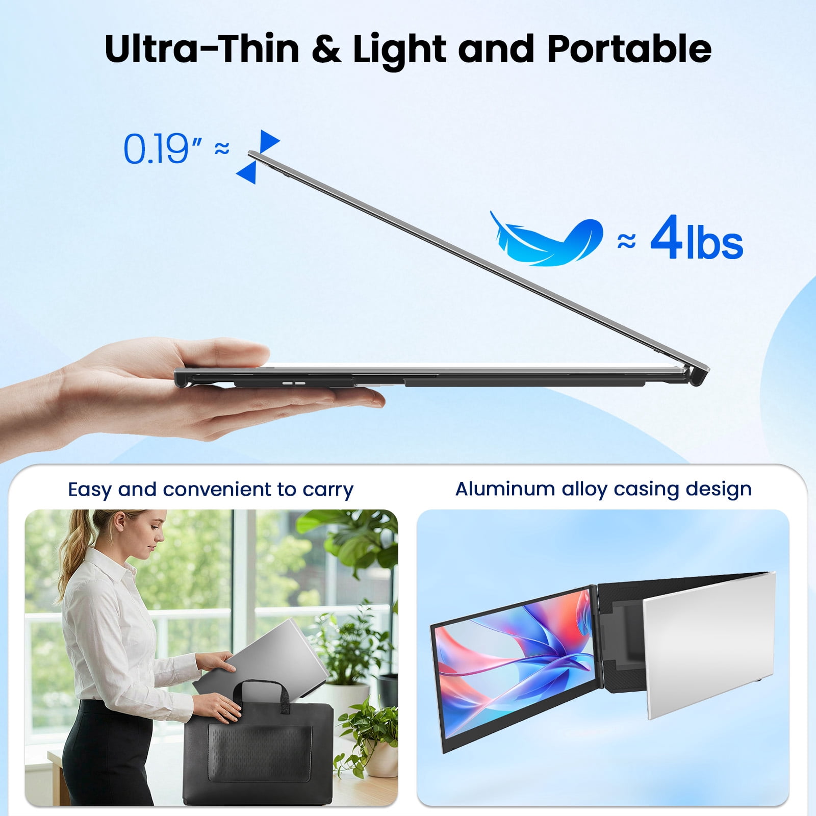 Tlscon One Cable Laptop Screen Extender, 15.6” Ultra-Slim Laptop Screen Extender Monitor Portable, 1080P IPS Display, USB-C/USB-A Connection, Travel Monitor for 13–17.3" Laptops, MacOS/Wins/Android