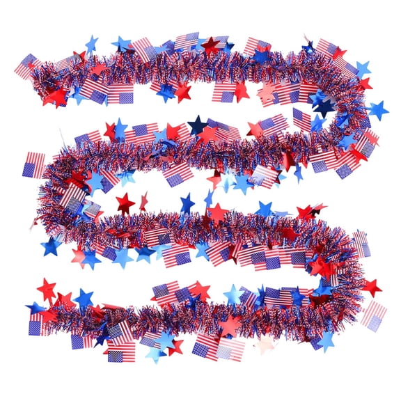 JeashCHAT 4th of July Decorations, 20FT Red White Blue Star Tinsel Garland with American Flags, Patriotic Shiny Garland Memorial Day Independence Day Party Supplies