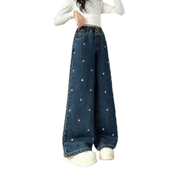 Girl Jeans Embroidered Jeans Girls Straight Leg Jeans Wide Leg Girls Pants High Waisted Baggy Pants Casual Pants Teen Girls 4-5 Years