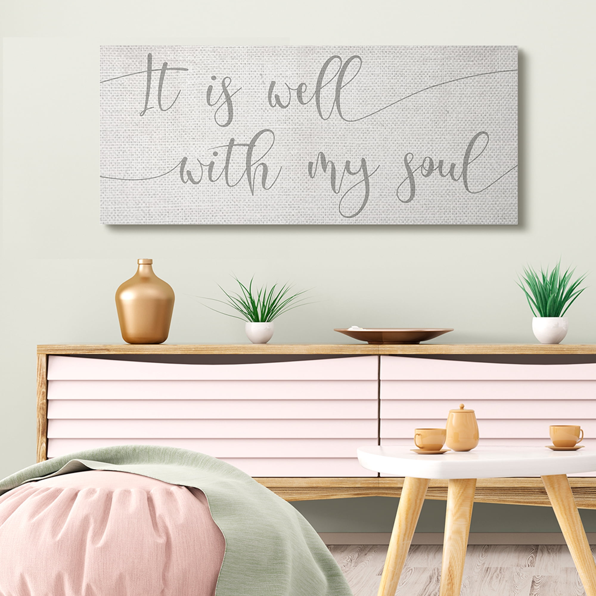 Stupell Industries Well With My Soul Quote Soft Grey Script Inspirational Painting Gallery Wrapped Canvas Art Print Wall Art, 20 x 48