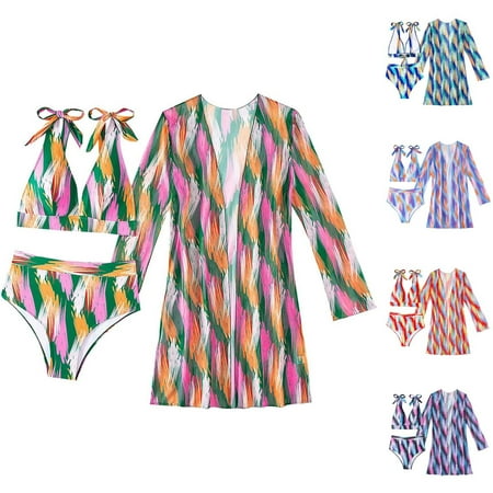 VBTAPA Women s 3 Piece Swimsuits Tropical Push Up Bikini Sets Beach Long Sleeve Bathing Suits with Kimono Cover Up Limited Time Sales of Today Blue M