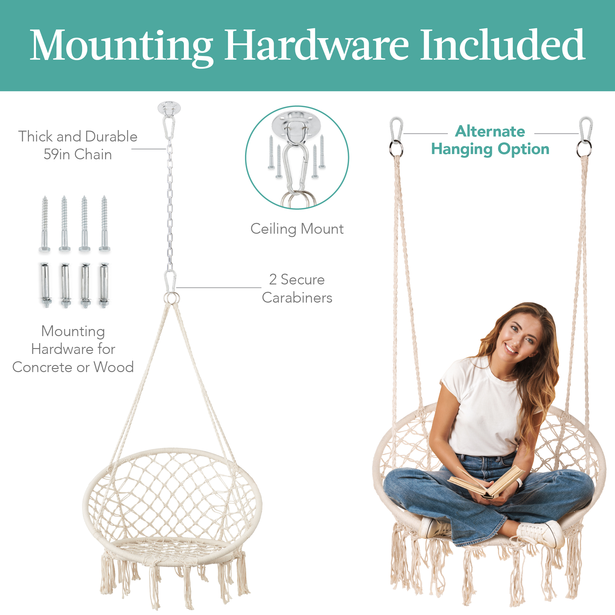 Best Choice Products Macrame Hanging Chair, Handwoven Cotton Hammock Swing w/ Mounting Hardware - Beige - image 5 of 8
