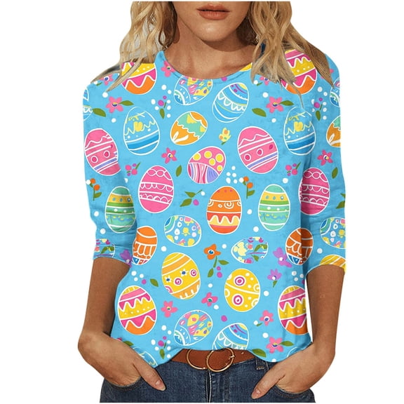 Easter Day Shirts for Women 3/4 Sleeve Reindeer Holiday Tees 3/4 Sleeve Round Neck Spring Tops Tshirts Spring Clothes My Items