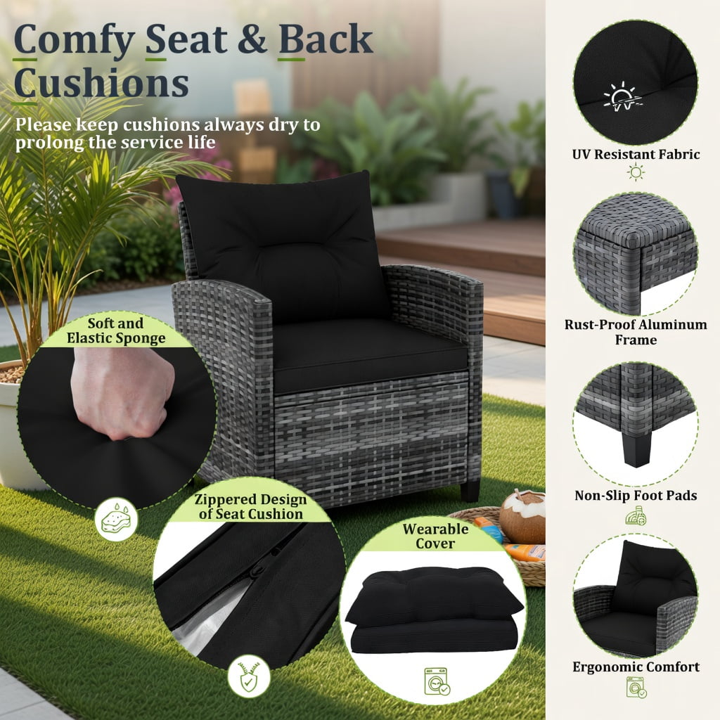 Hommoo 3-Piece Modern Outdoor Wicker Conversation Set, Steel Frame, Tempered Glass Table & Weather-Resistant Cushions, Black