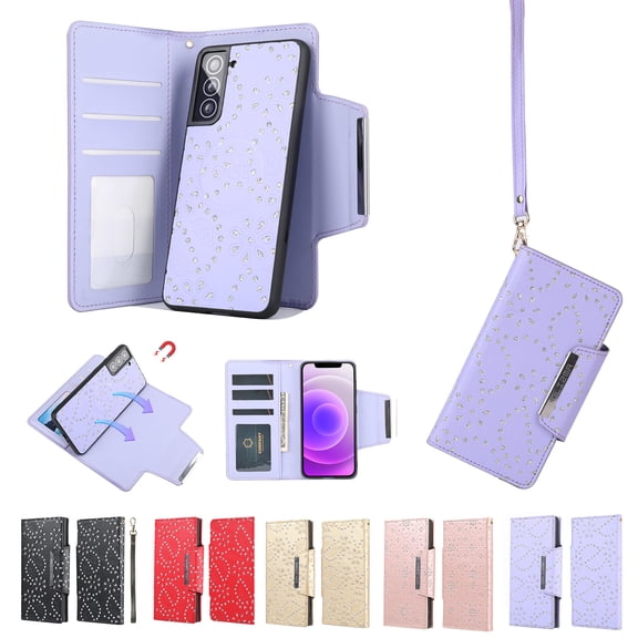 for Samsung Galaxy S21 FE 5G Wallet Phone Case, Glitter 3D Diamond Embossed Flower Shockproof Folio Flip Stand Wrist Lanyard Strap Detachable Magnetic Case Cover for Samsung S21 FE, Purple