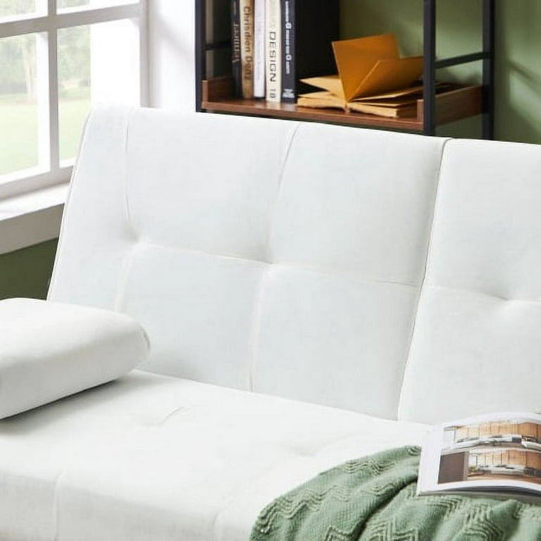 Modern Velvet Fabric Futon with Cupholders and Pillows, White Velvet