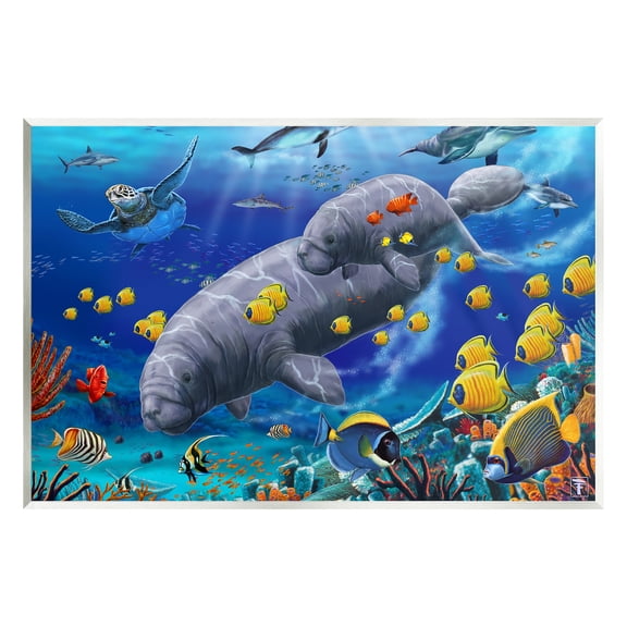 Stupell Industries Manatees & Fish Swimming Coastal Painting Unframed Art Print Wall Art
