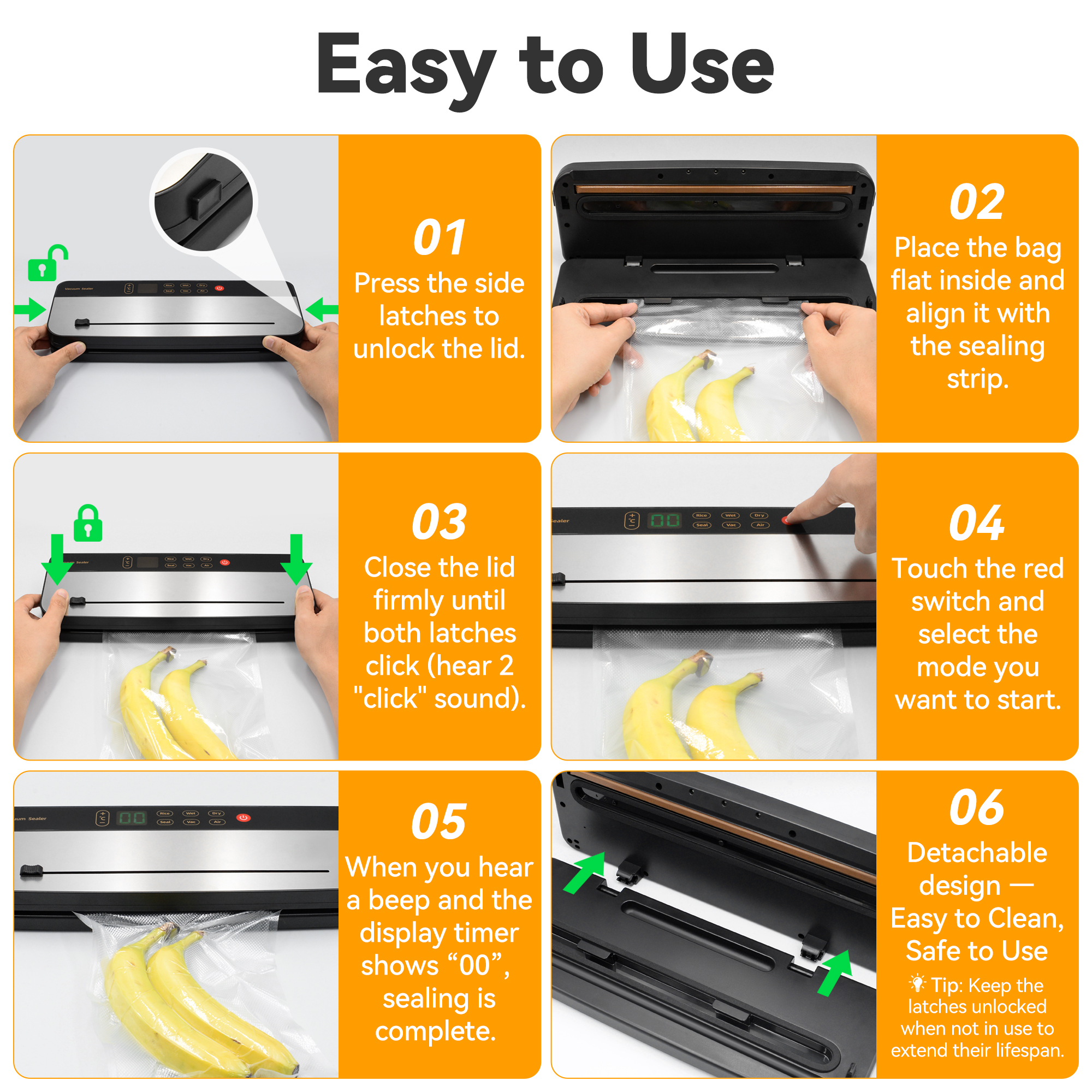 Food Vacuum Sealer Machine with 30 Vacuum Bags, 6 in 1 Rechargeable Vacuum Sealer with Dry & Moist Food Modes, Built-in Cutter, Detachable, Compact Food Sealer for Kitchen Travel Fridge Meal Prep