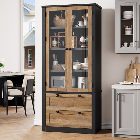 71" Tall Kitchen Pantry Cabinet - Modern Display Storage Cabinet with 2 Large Drawers, Glass Doors, and Adjustable Shelves, Farmhouse Kitchen Cupboard for Dining Room, Bathroom, Living Room