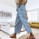 thumbnail image 2 of Pantalones Rectos Casuales Cordón Cintura Elástica Bolsillo Color Puro Pantalones Rectos Sueltos para Mujer Señora Chica Azul Claro XXL, 2 of 6