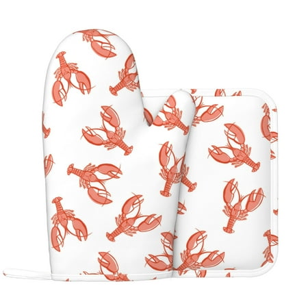 

Oven Mitts and Pot Holders Sets - Pale Red Lobster Print Heat Resistant Silicone Oven Gloves (Left Glove) with Non-Slip Silicone Surface and hot pads for kitchen Baking Cooking