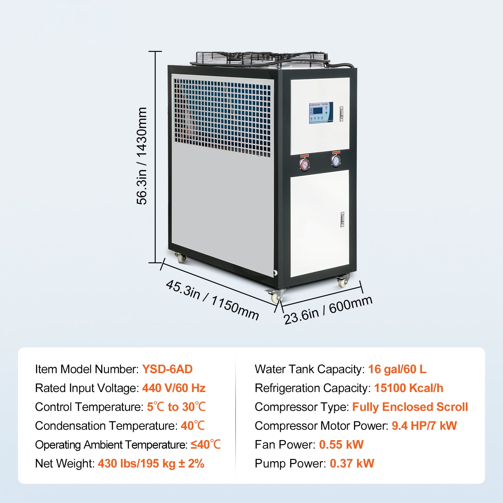 KFFKFF Commercial Water Cooler, 9.4HP 16 Gal Air-Circulated Commercial Water Cooler, 15,100 Kcal/h Chilling Power with Ribbed Condenser Micro-Computer Management 60L Water Reservoir