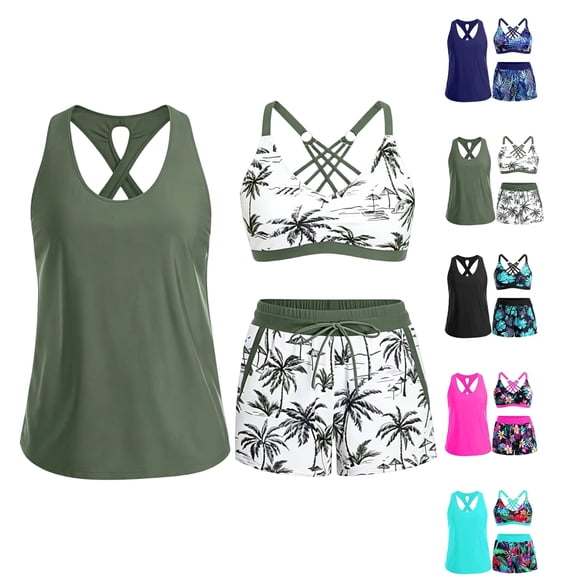 Women 3 Piece Tankini Swimsuits - Tummy Control Tank Top with Bra Modest Bathing Suit with Pockets Boyshorts Bottom 2026 Blue M