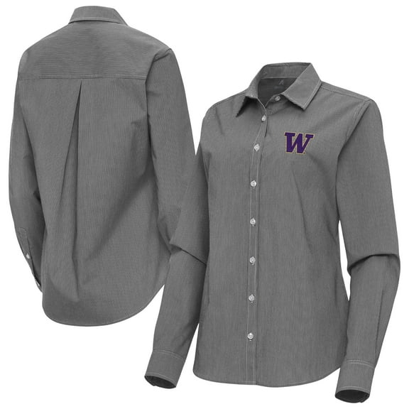 Women's Antigua Black Washington Huskies Porter Woven Tri-Blend Long Sleeve Button-Up Shirt