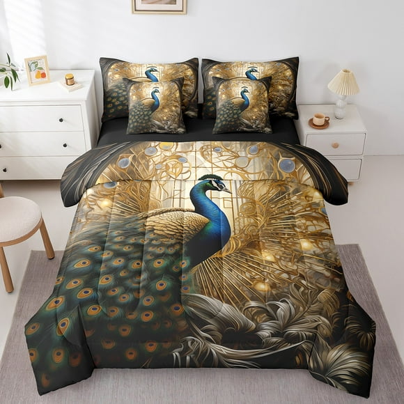 Peacock 7 Pcs Comforter Set Exotic Birds Animal Bedding Full, Elegant Gorgeous Golden Feather Sheet Set Bed In A Bag Victorian Style Peacock Decor Duvet Insert Home Decor
