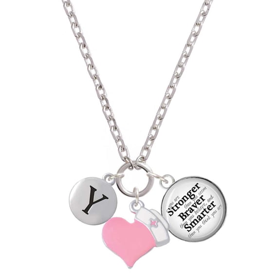 Delight Jewelry Silvertone Capital Letter - Y - Pebble Disc - Light Pink Heart Nurse Strong Zoe Necklace