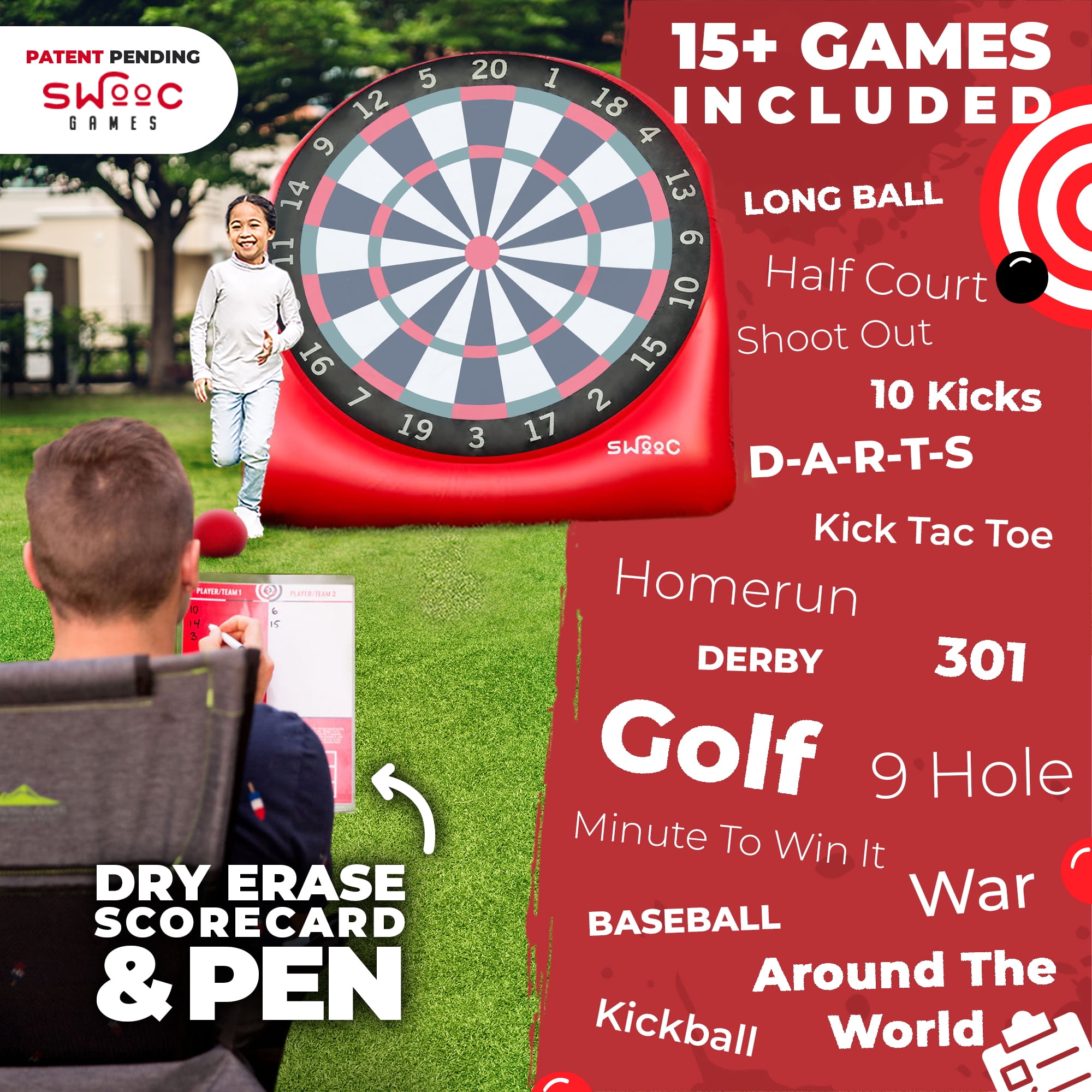 Premium Giant Kick Darts (Over 6 ft. Tall) with 15+ Games Included - Giant Inflatable Outdoor Dartboard w/ Soccer Balls