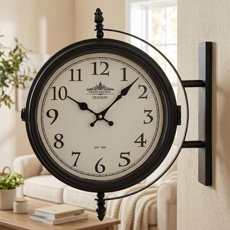 Grand Central Station Double Sided Wall Clock Black Iron Frame, Cream Dial, Silent Quartz Movement photo Grand Central Station Double Sided Wall Clock Black Iron Frame, Cream Dial, Silent Quartz Movement