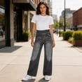 thumbnail image 6 of Wide Leg Jeans for Women High Waist Stretchy Straight Leg Side-Zipper Plus Size Baggy Casual Pull On Barrel Jeans with Pockets, 6 of 9